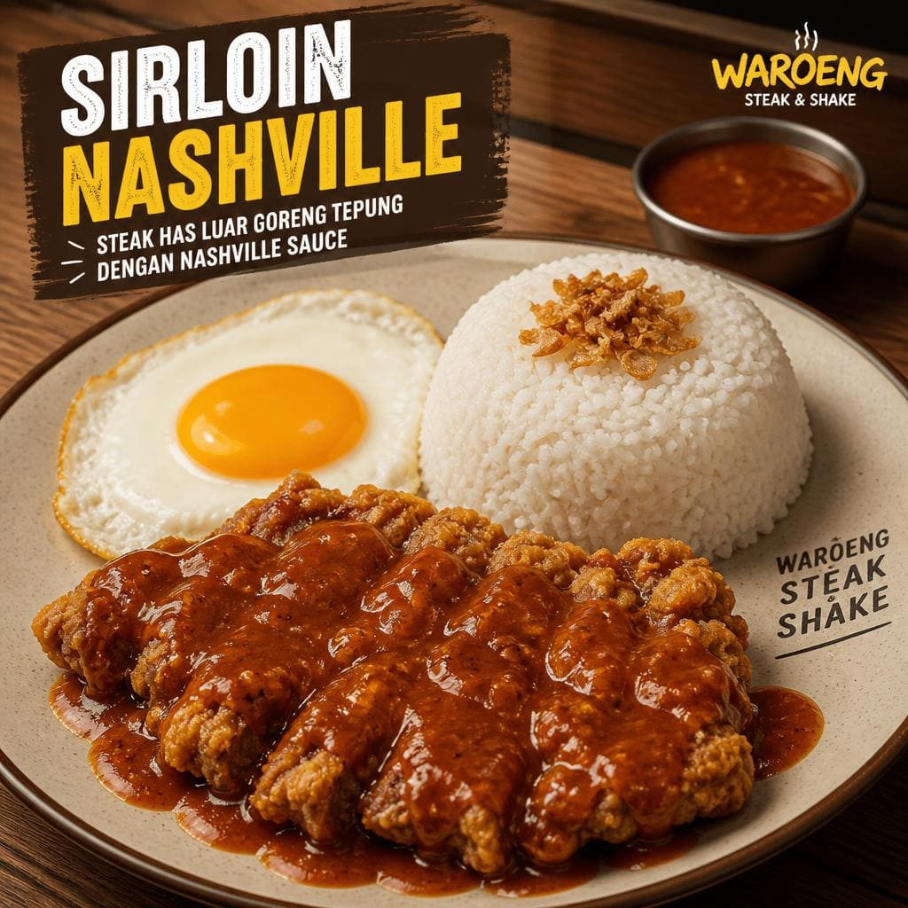 Sirloin Nashville dengan steak daging sapi bagian has luar, nasi, telur, dan saus Nashville